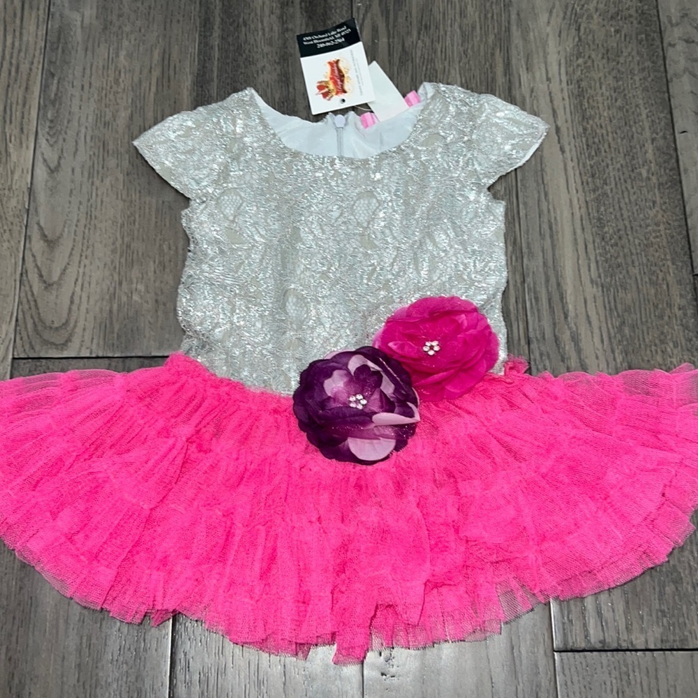 NWT Baby girl silver/gray lace layered ruffle tutu dress with flowers and stones